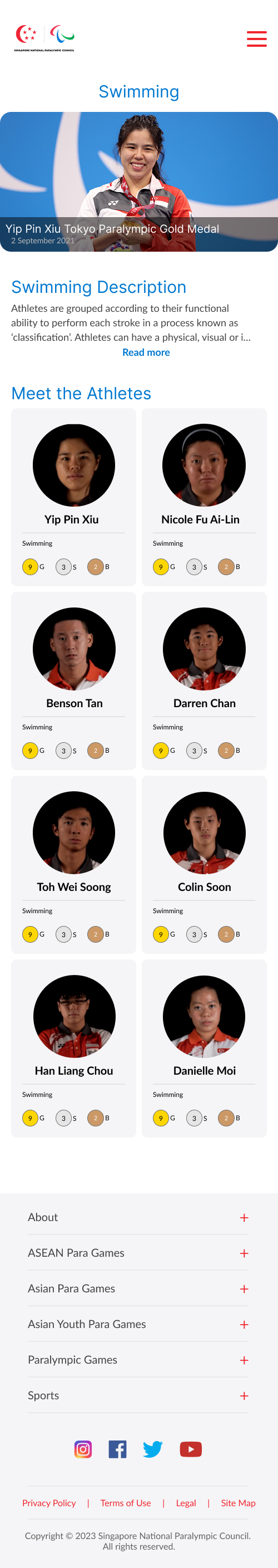 Singapore National Paralympics Council mobile sports page